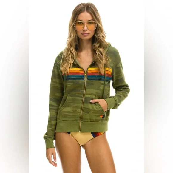 Aviator Nation 5 Stripe Camo Zip Hoodie Sweatshirt Green size XL - Picture 3 of 10